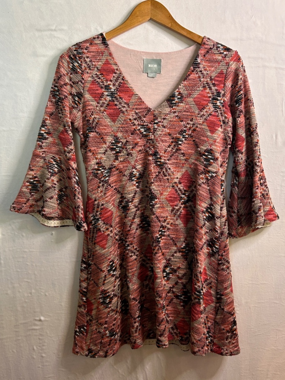 Maeve Anthropologie Erina Dress Womens SP‎ Knit Argyle Bell Sleeve Swing Boho